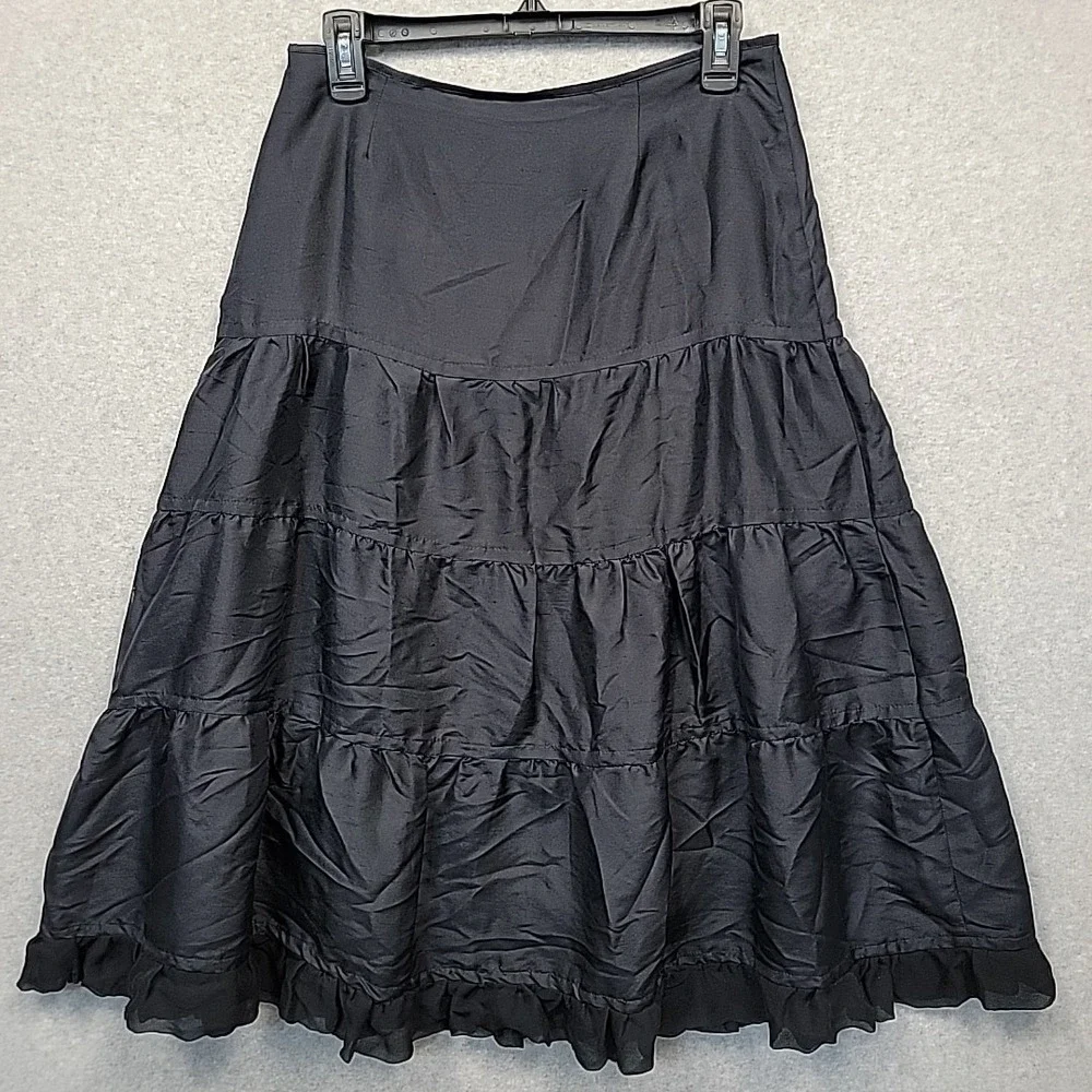 CAROLE LITTLE Silk Midi Skirt Black Embroidered Beaded Tiered Ruffle Size 6 Boho